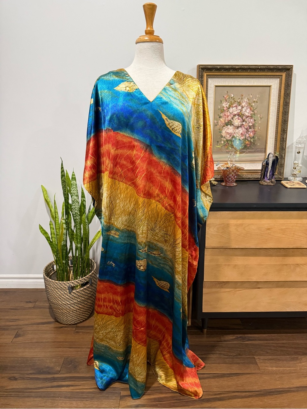Vintage Multicolor Maxi Dress in Blue, Red & Gold